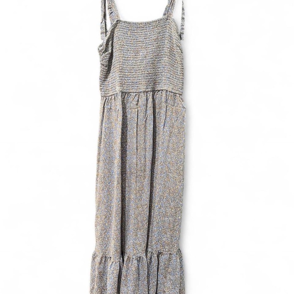 Elegant Tan and Blue Floral Maxi Dress